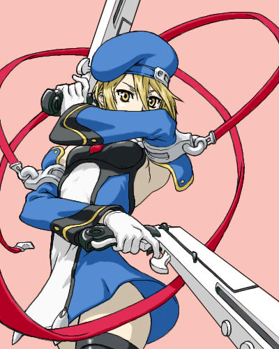 blonde_hair, covering_face, dress, dual_wielding, gloves, gun, handgun, hat
