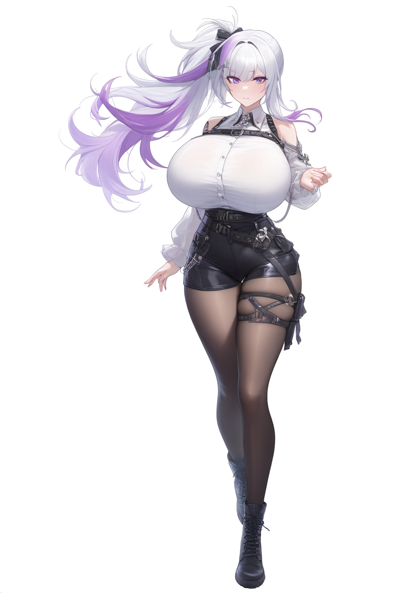 accessary, ai-generated, belt, black_footwear, breasts, compression_clothes, flower_ribbon, highres