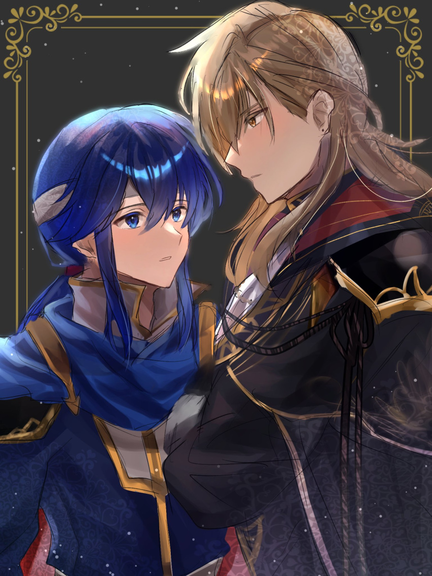 2boys, androgynous, ares_(fire_emblem), aristocratic_clothes, blonde_hair, blue_cape, blue_eyes, blue_hair