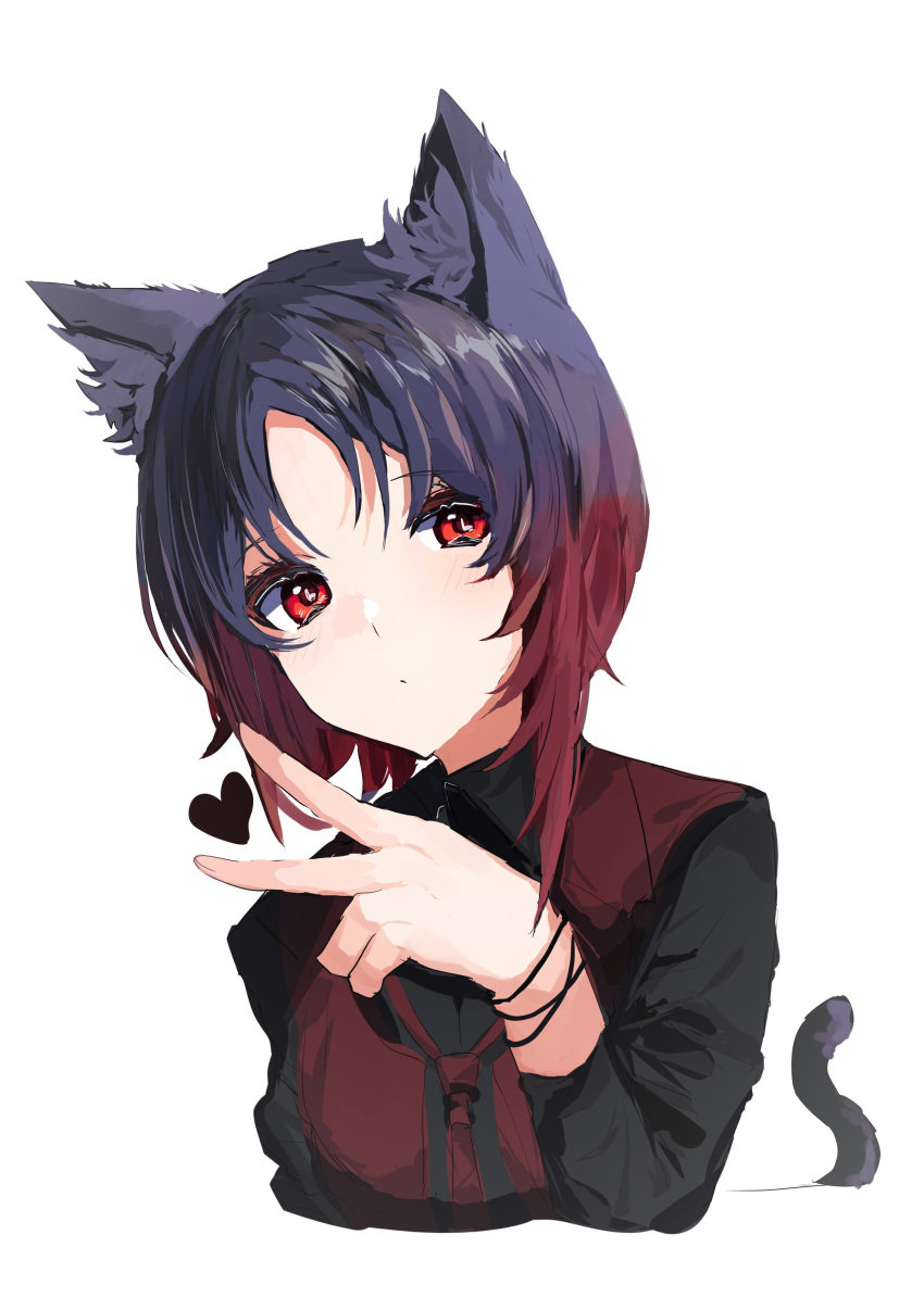 1girl, absurdres, animal_ears, black_hair, black_shirt, cat_ears, cat_tail, expressionless, fake_animal_ears, gradient_hair, heart, highres, iris_black_games, kisaragi_ren_(vtuber), looking_at_viewer, maya_fa, multicolored_hair, parted_bangs, red_eyes, red_vest, redhead, shirt, short_hair, simple_background, solo, tail, upper_body, v, vest, virtual_youtuber, vspo!, white_background, wristband