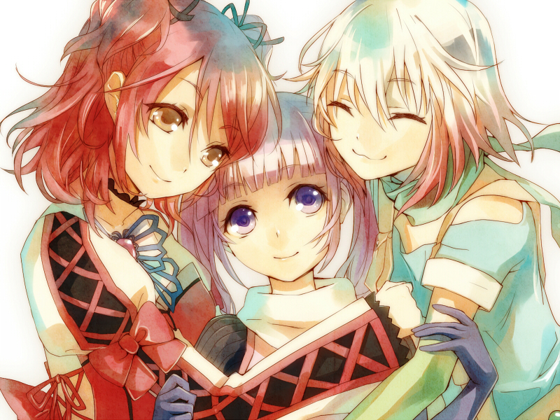 :3, brown_eyes, cheria_barnes, closed_eyes, girl_sandwich, gloves, gradient_hair, hug