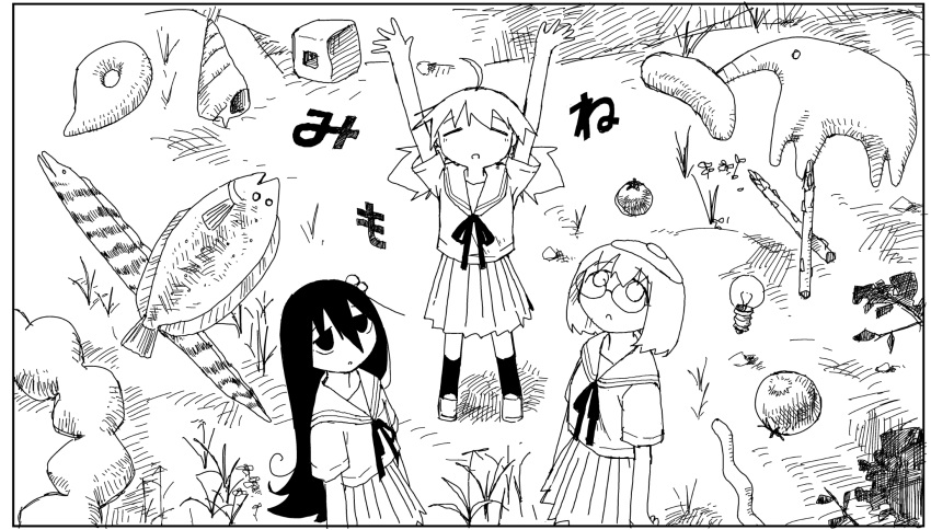 3girls, ahoge, arms_at_sides, arms_up, closed_eyes, cowboy_shot, fish, food