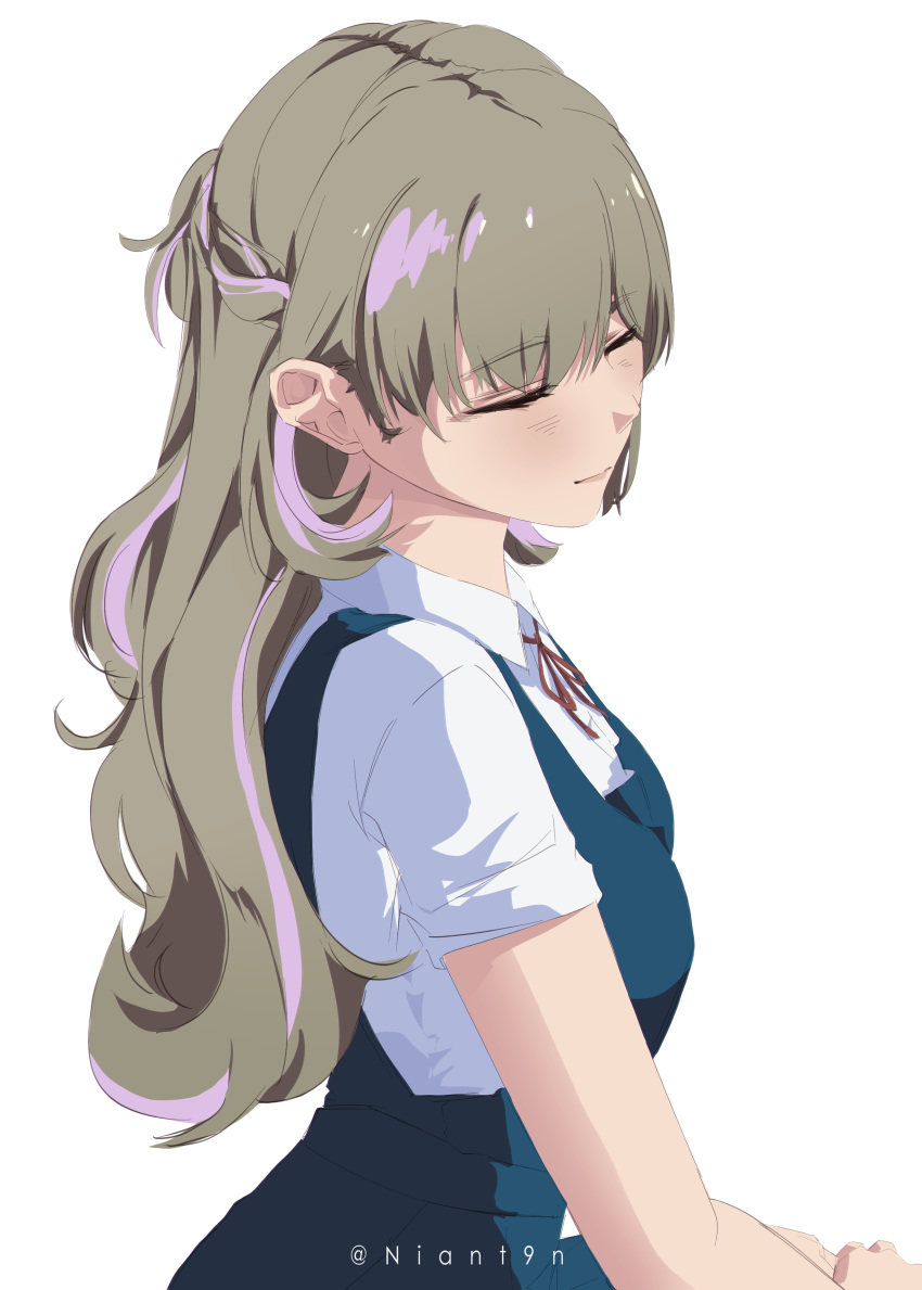 1girl, absurdres, alternate_hair_length, alternate_hairstyle, blue_dress, closed_eyes, closed_mouth, collared_shirt