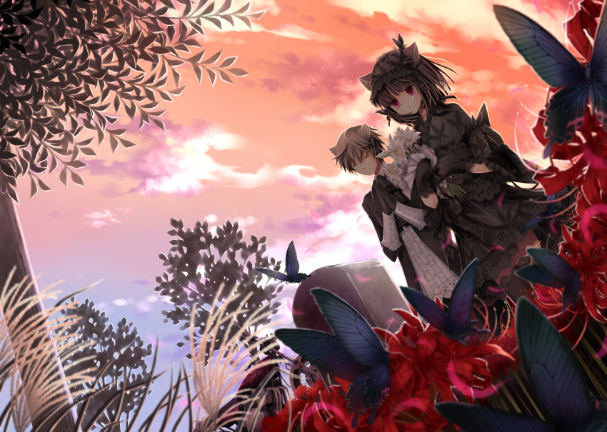 black_gloves, brother_and_sister, brown_hair, butterfly, cat_ears, closed_eyes, couple, dog_ears, flower, gloves, graveyard, highres, kanzaki_hayato, kanzaki_miku, kuroinu, lily_(flower), motor_vehicle, motorcycle, original, praying, red_eyes, red_sky, short_hair, siblings, spider_lily, tombstone, vehicle