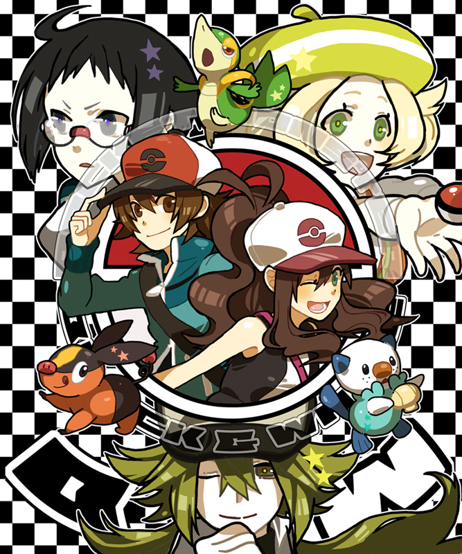 bel_(pokemon), bell_(pokemon), blonde_hair, blue_eyes, brown_eyes, brown_hair, cheren_(pokemon), ferriswheelshipping_(n_x_touko), fuu_takara, glasses, green_eyes, green_hair, hat, n_(pokemon), oshawott, poke_ball, pokemon, pokemon_(game), pokemon_black_and_white, pokemon_bw, ponytail, smartleafshipping_(touya_x_snivy), snivy, tepig, touko_(pokemon), touya_(pokemon), wink