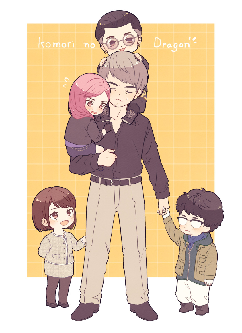 2girls, 3boys, absurdres, aged_down, akfenherjb4vljn, belt, black_belt, black_eyes