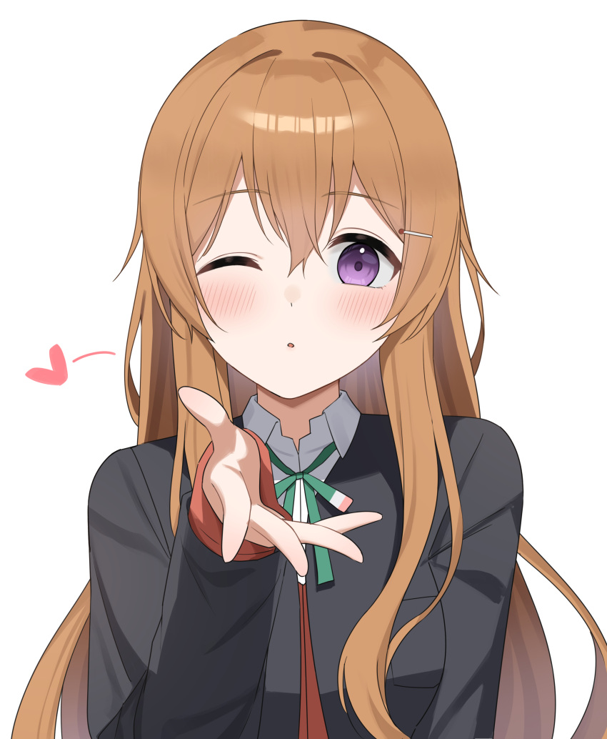 1girl, absurdres, black_jacket, blowing_kiss, blush, cardigan, collared_shirt, commentary_request
