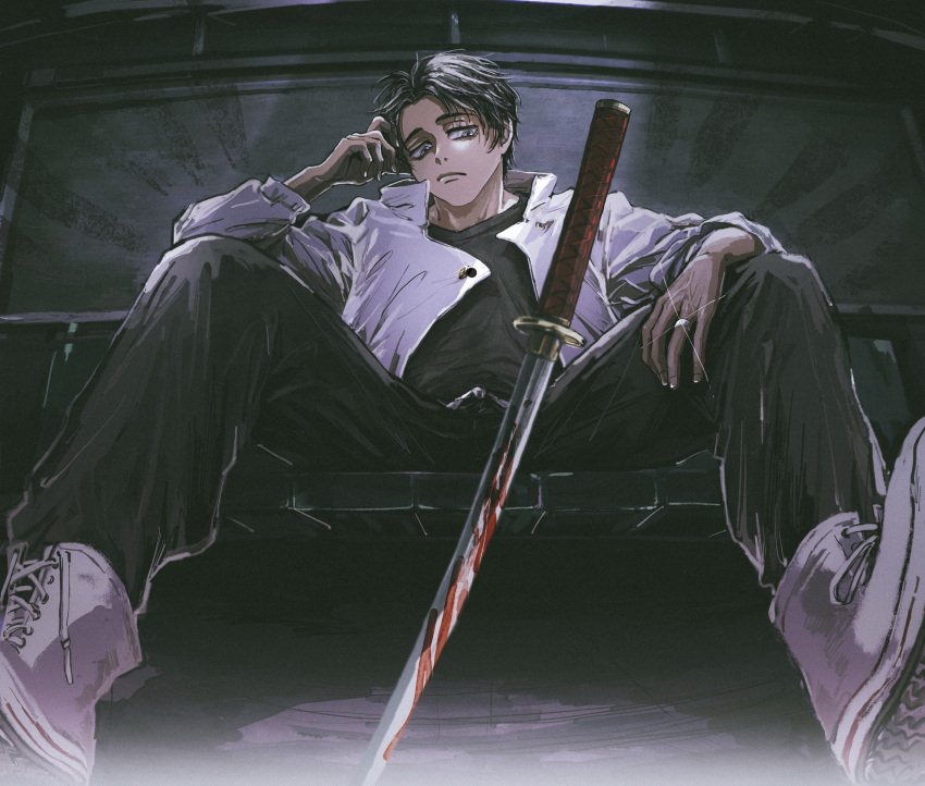 1boy, absurdres, black_eyes, black_hair, black_pants, black_shirt, blood, blood_on_weapon, closed_mouth, full_body, hand_up, highres, indoors, jacket, jewelry, jujutsu_kaisen, katana, long_sleeves, male_focus, neuchimonai, okkotsu_yuuta, pants, planted, planted_sword, ring, shirt, shoes, short_hair, sitting, solo, sword, weapon, white_footwear, white_jacket