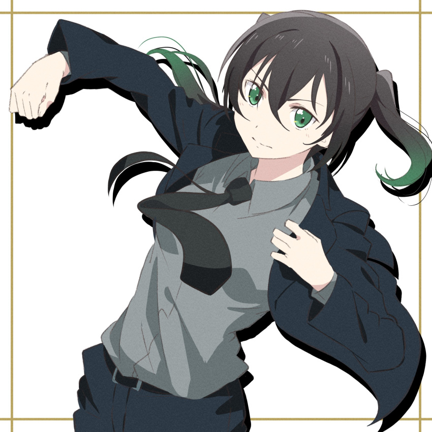 1girl, absurdres, belt, black_belt, black_hair, black_jacket, black_necktie, black_pants