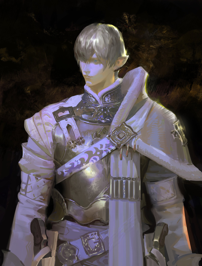 1boy, absurdres, armor, belt, black_background, blue_eyes, breastplate, buckle