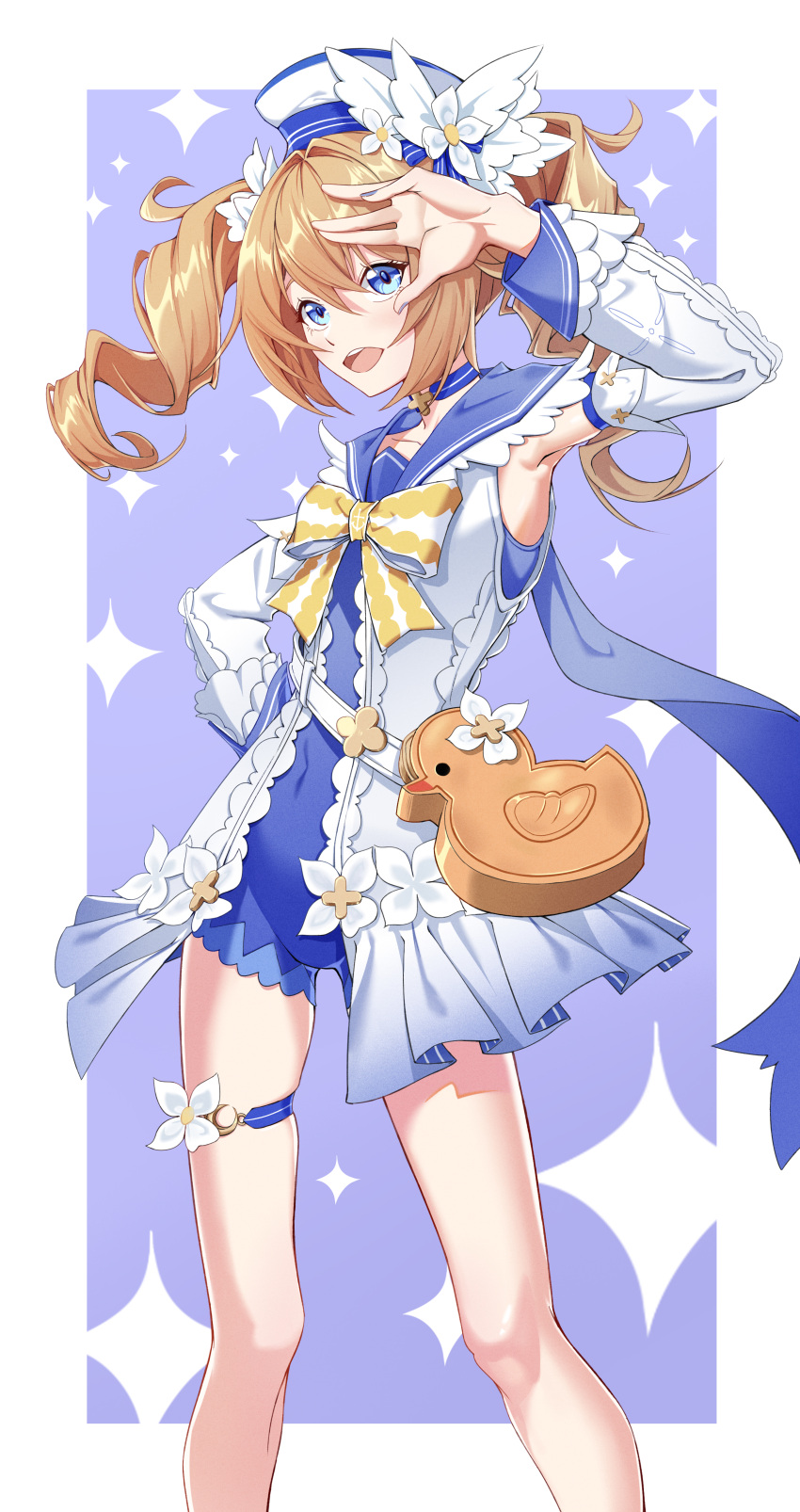 1girl, :d, absurdres, arm_up, armpits, bag, barbara_(genshin_impact), barbara_(summertime_sparkle)_(genshin_impact)