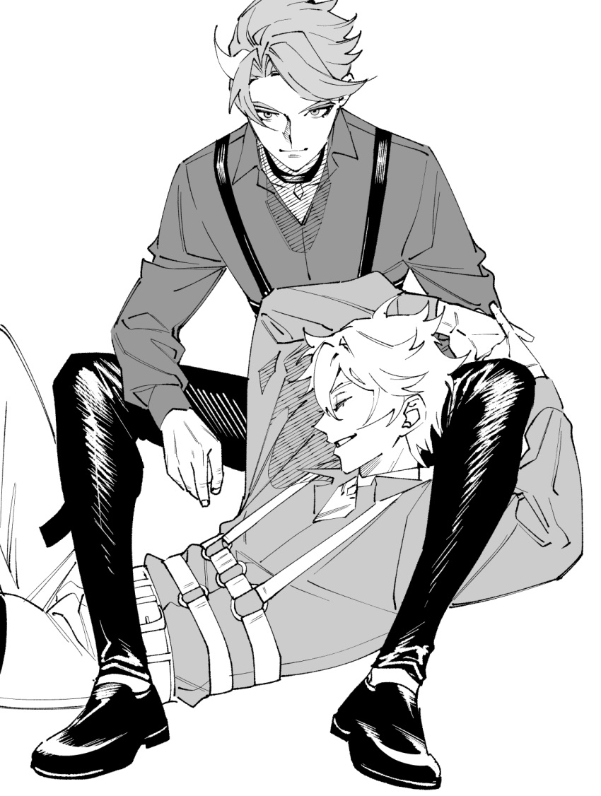 2boys, anchiki_shou, arms_up, bad_id, bad_twitter_id, chest_harness, closed_eyes, closed_mouth