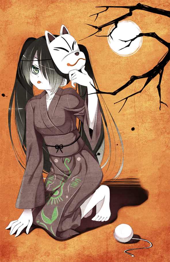 arm_support, bad_id, barefoot, fox, fox_mask, frown, hair_over_one_eye, hatsune_miku