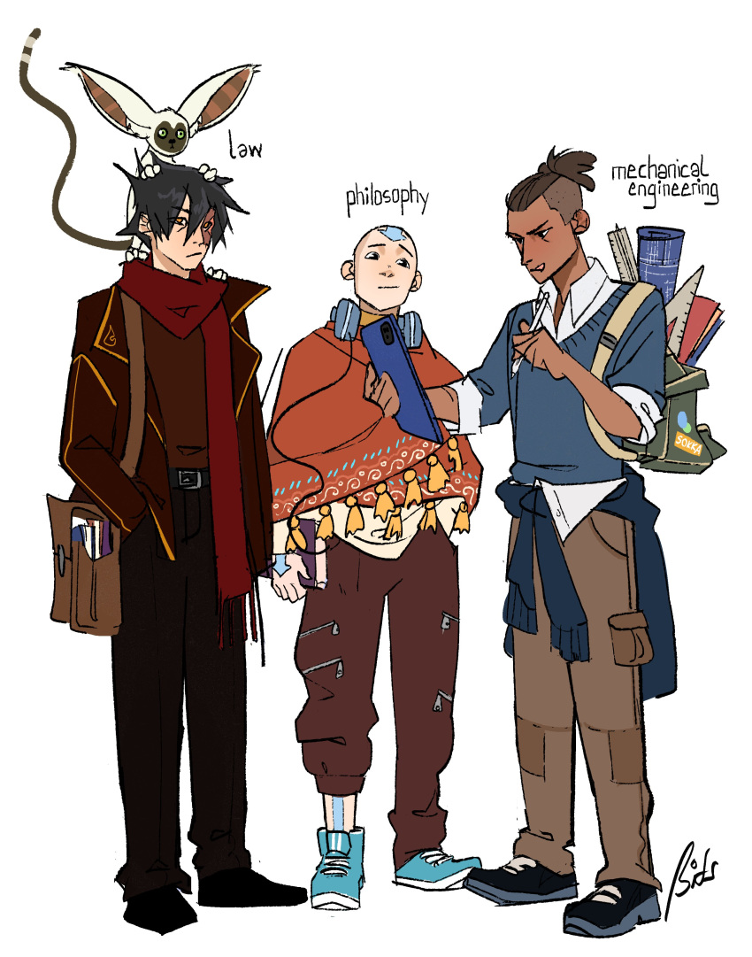 3boys, aang, absurdres, alternate_costume, alternate_universe, avatar:_the_last_airbender, avatar_legends, backpack, bag, bald, belt, bitsbytits, black_belt, black_footwear, black_hair, black_pants, blue_footwear, blue_jacket, blue_sweater, brown_bag, brown_jacket, brown_pants, brown_shirt, burn_scar, clothes_around_waist, contemporary, dark-skinned_male, dark_skin, dress_pants, dress_shirt, full_body, green_bag, hair_ornament, hand_in_pants, headphones, headphones_around_neck, highres, holding, holding_stylus, holding_tablet_pc, jacket, jacket_around_waist, lapels, loafers, momo_(avatar), multiple_boys, open_clothes, open_jacket, pants, poncho, red_scarf, scar, scar_on_face, scarf, shirt, shirt_tucked_in, shirt_under_sweater, shoes, short_hair, shoulder_bag, simple_background, sneakers, sokka, stylus, sweater, sweatpants, tablet_pc, underwear, white_background, white_shirt, zuko