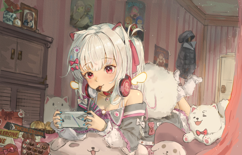 1girl, absurdres, animal_collar, animal_ears, blue_nails, bow, box, brand_name_imitation, cawfy, chocolate, clock, collar, collarbone, dog_ears, dog_girl, dog_tail, door, dress, flower, food_in_mouth, gift, gift_box, gram_pico, grey_jacket, hair_bow, hair_ribbon, handheld_game_console, headphones, headphones_around_neck, heart-shaped_box, highres, holding, holding_handheld_game_console, interior, jacket, long_hair, lying, on_stomach, paw_hair_ornament, phase_connect, picture_frame, pink_bow, pink_collar, pink_eyes, pink_ribbon, pomeranian_(dog), poster_(object), red_flower, ribbon, socks, tail, virtual_youtuber, white_bow, white_dress, white_socks