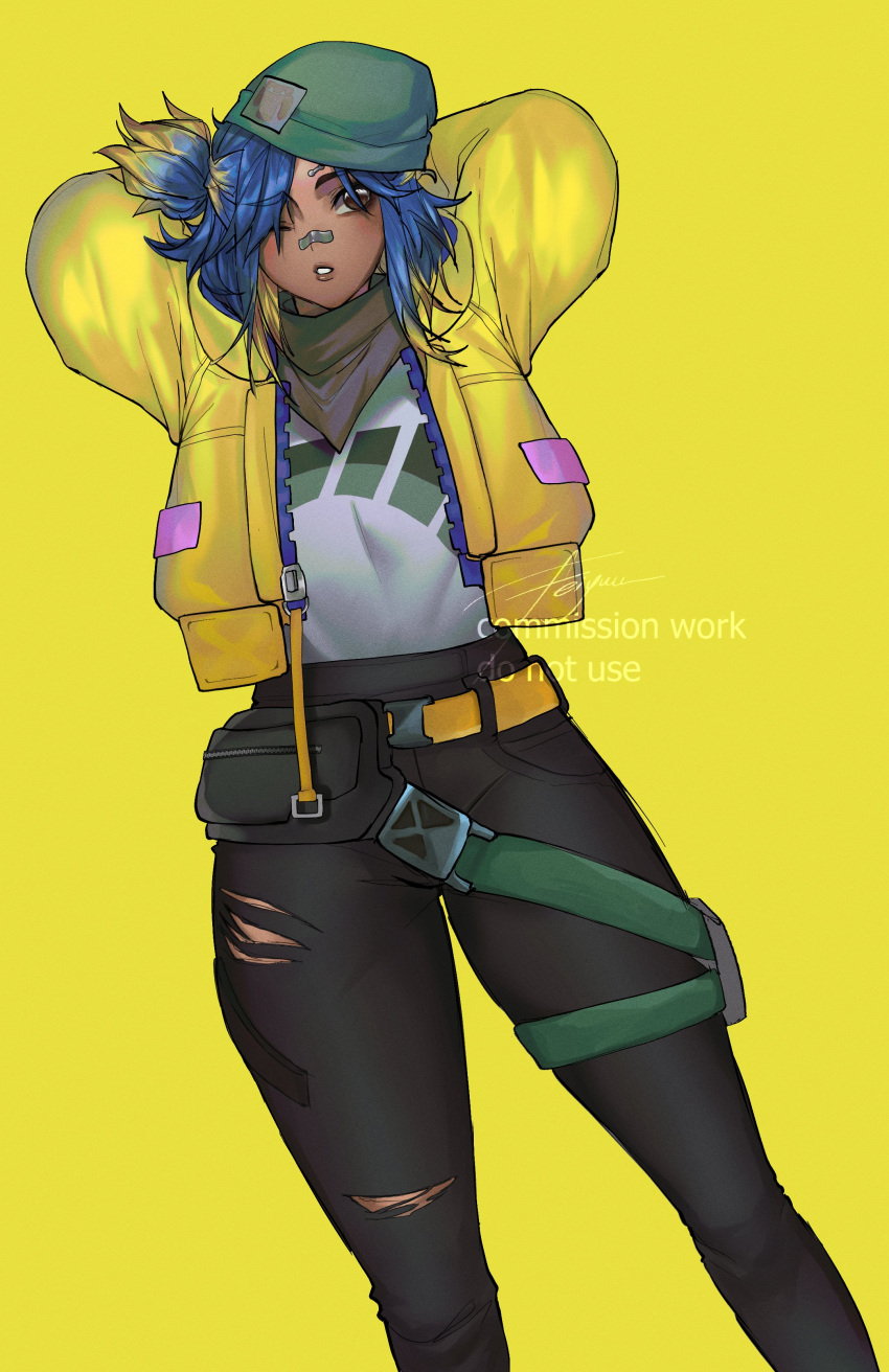 1girl, absurdres, alternate_costume, arms_behind_head, arms_up, artist_name, bandaid, bandaid_on_face