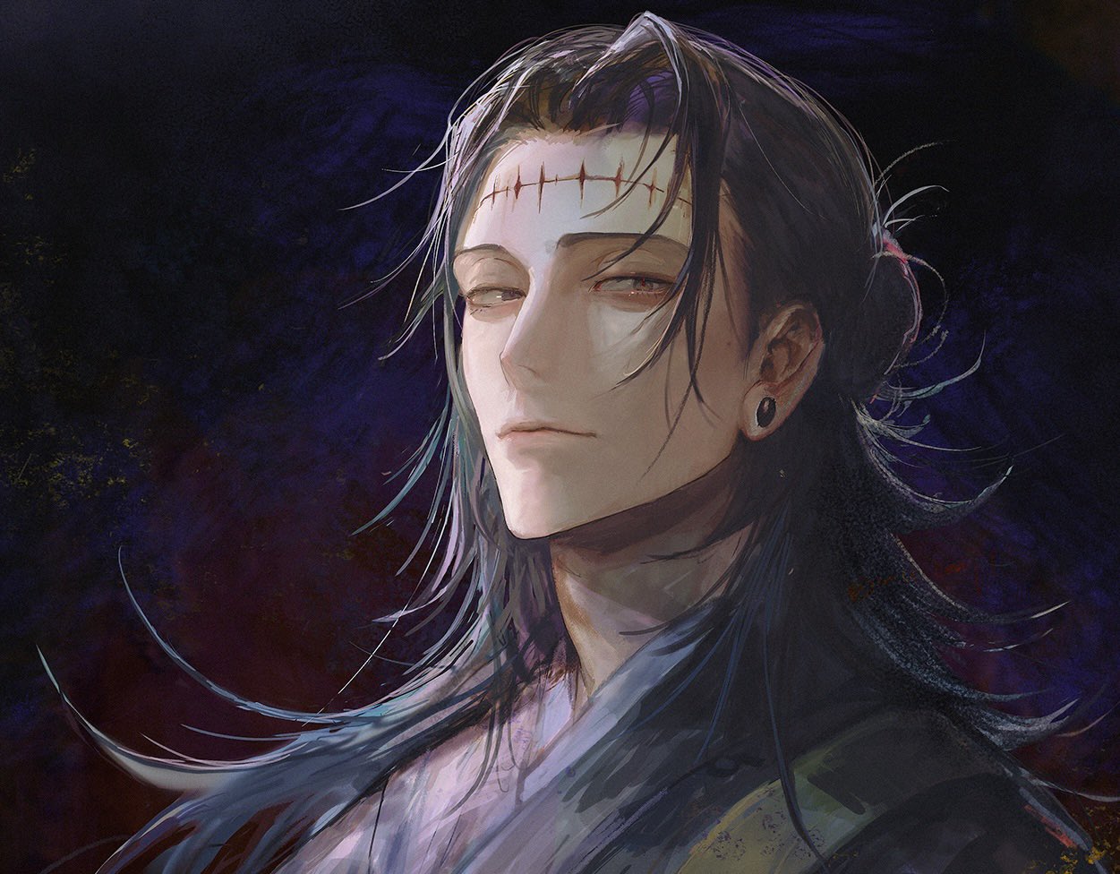 1boy, black_hair, black_kimono, brown_eyes, closed_mouth, ear_piercing, getou_suguru, getou_suguru_(kenjaku)