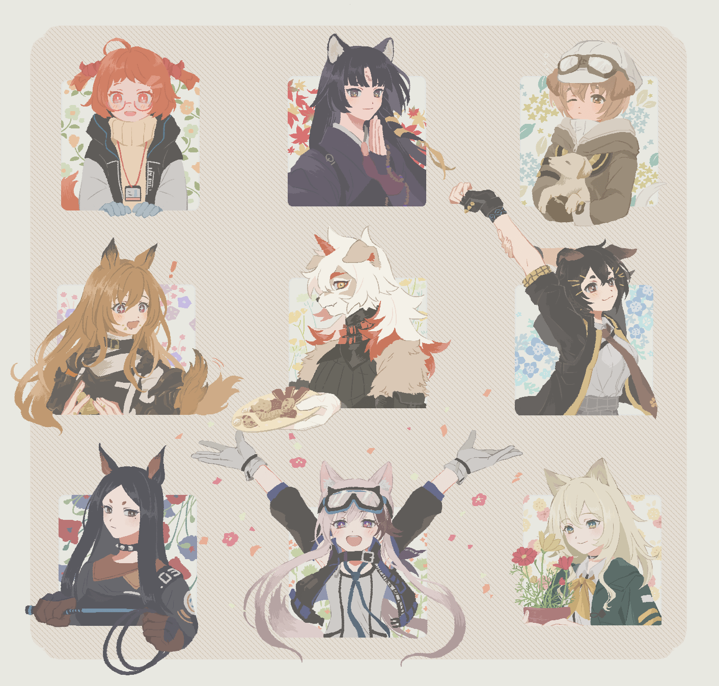 1boy, 6+girls, ahoge, animal, animal_ears, arknights, arm_up, arms_up