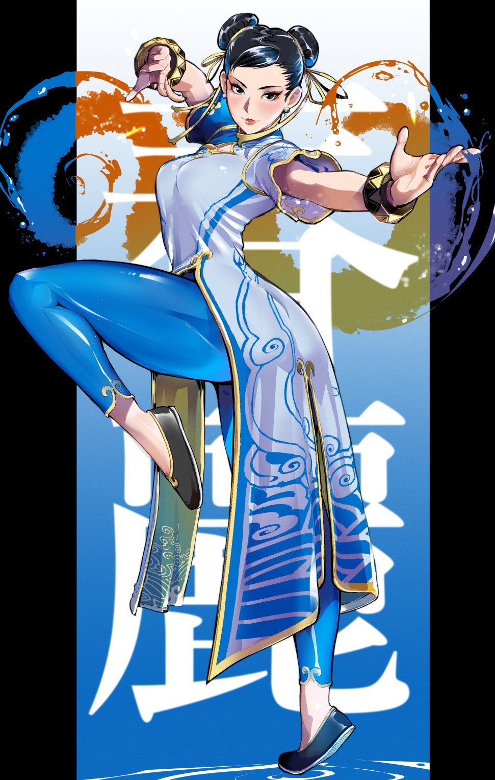 blue_dress, blue_pants, blush, breasts, brown_eyes, brown_hair, china_dress, chinese_clothes, chun-li, double_bun, dress, eyeshadow, fer_yoshimiya, fighting_stance, full_body, hair_bun, highres, leg_up, looking_at_viewer, makeup, medium_breasts, outstretched_arm, pants, red_eyeshadow, ripples, short_sleeves, standing, standing_on_liquid, street_fighter, street_fighter_6