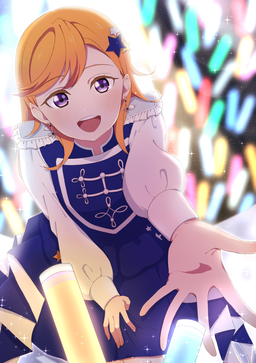 1girl, absurdres, commentary_request, dress, earrings, epaulettes, glowstick, hair_ornament