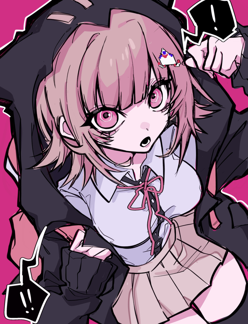 !, !!, 1girl, :o, absurdres, black_jacket, black_thighhighs, breasts, brown_hair, brown_skirt, danganronpa_(series), danganronpa_2:_goodbye_despair, highres, hood, hood_up, hooded_jacket, jacket, lower_teeth_only, medium_breasts, medium_hair, miniskirt, nanami_chiaki, open_clothes, open_jacket, pink_background, pink_eyes, pleated_skirt, poa_poa05, simple_background, skirt, solo, spaceship_hair_ornament, speech_bubble, teeth, thigh-highs, zettai_ryouiki