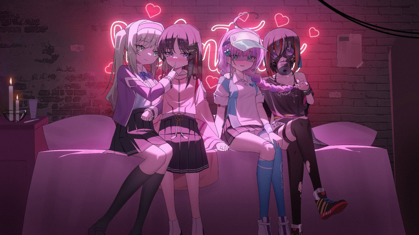 4girls, ahoge, artist_request, bed, black_hair, blush, braid, date_akari