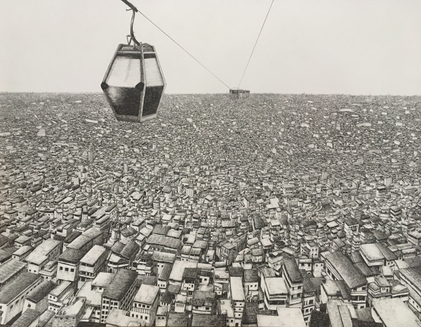 absurdres, balcony, building, cable, cable_car, city, cityscape, graphite_(medium)