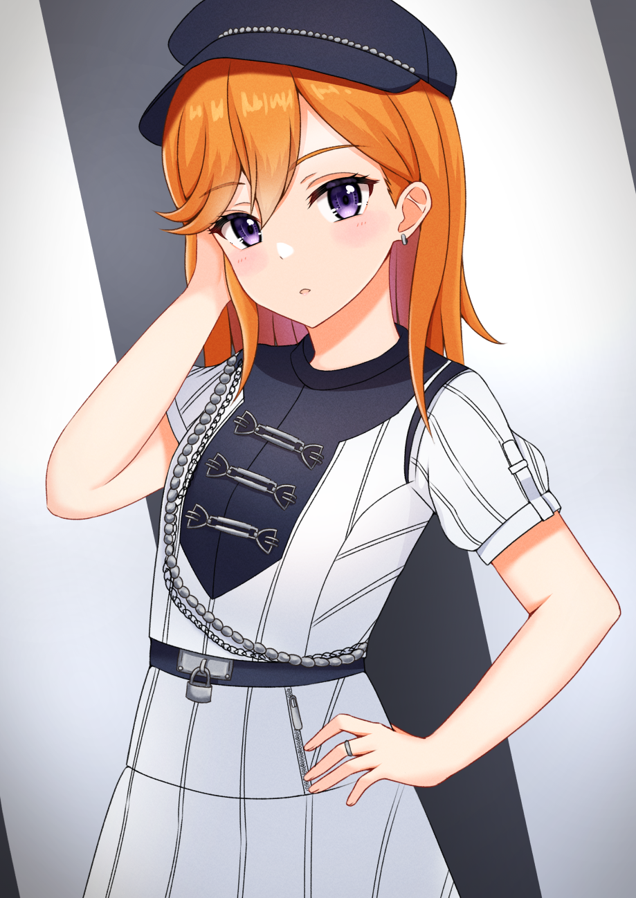 1girl, black_hat, blush, commentary_request, dress, ear_piercing, hand_on_own_hip, hat, highres, jewelry, lock, looking_at_viewer, love_live!, love_live!_superstar!!, medium_hair, orange_hair, parted_lips, piercing, ring, second_sparkle, shibuya_kanon, short_sleeves, sikamiya, solo, standing, upper_body, violet_eyes, white_dress, zipper