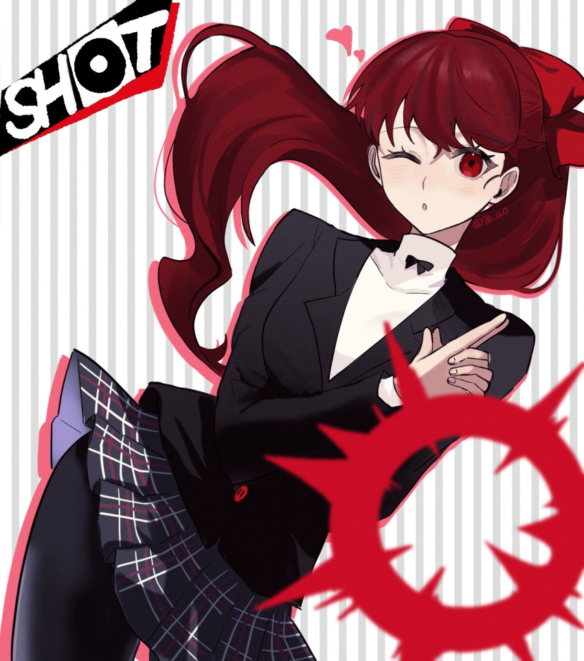 1girl, 710_ao, :o, black_jacket, black_pantyhose, hair_ribbon, highres, jacket, long_hair, long_sleeves, looking_at_viewer, one_eye_closed, pantyhose, persona, persona_5, persona_5_the_royal, plaid, plaid_skirt, pleated_skirt, ponytail, red_eyes, redhead, ribbon, school_uniform, shuujin_academy_school_uniform, skirt, solo, yoshizawa_kasumi