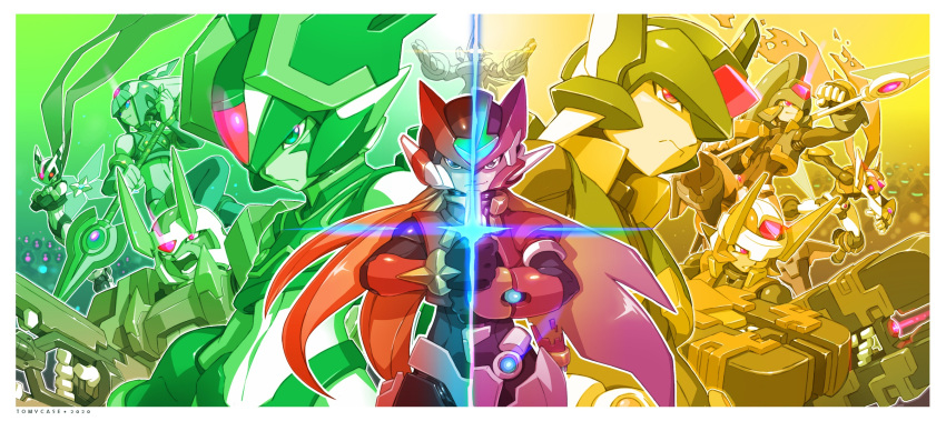 2girls, 6+boys, aeolus_(mega_man), android, atlas_(mega_man), dr._weil_(mega_man), fairy_leviathan_(mega_man), fighting_fefnir_(mega_man), hidden_phantom_(mega_man), highres, humanoid_robot, master_albert_(mega_man), mega_man_(series), mega_man_zero_(series), mega_man_zx, mega_man_zx_advent, model_f_(mega_man), model_h_(mega_man), model_l_(mega_man), model_p_(mega_man), model_w_(mega_man), model_zx_(mega_man), multiple_boys, multiple_girls, robot, sage_harpuia_(mega_man), siarnaq_(mega_man), thetis_(mega_man), tomycase, twitter_username, variant_set, vent_(mega_man), zero_(mega_man)