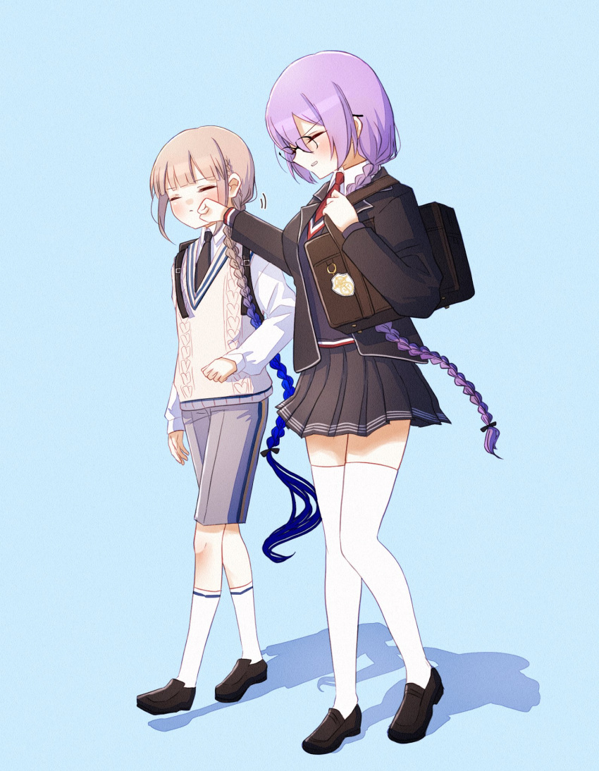1boy, 1girl, alternate_hair_length, alternate_hairstyle, backpack, bag, black_jacket, black_necktie