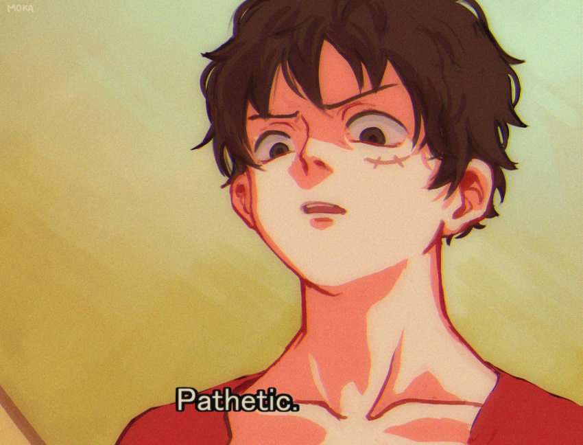 1boy, derivative_work, disdain, empty_eyes, english_text, gradient_background, looking_at_viewer, looking_down