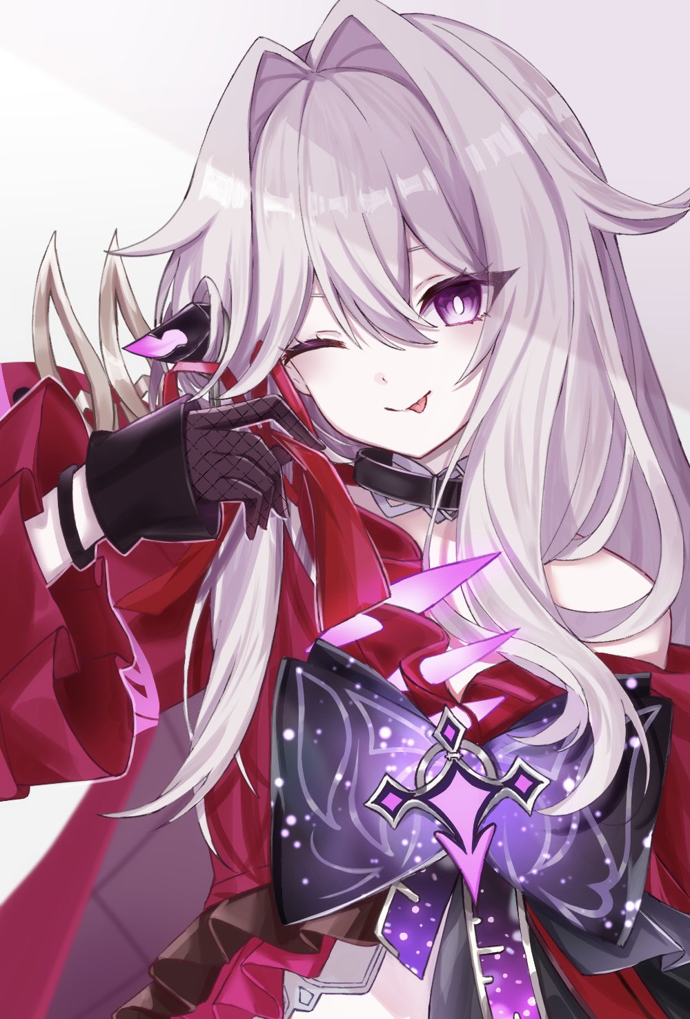 1girl, arm_up, black_choker, black_gloves, bracelet, bright_pupils, choker, cross, gloves, hair_ornament, highres, holding, holding_ribbon, honkai_(series), honkai_impact_3rd, jacket, jewelry, long_hair, long_sleeves, looking_at_viewer, one_eye_closed, purple_ribbon, red_jacket, red_ribbon, ribbon, ribbon_hair_ornament, single_bare_shoulder, smile, smirk, tdatnst, thelema_(honkai_impact), tongue, tongue_out, upper_body, very_long_hair, violet_eyes, white_hair, white_pupils