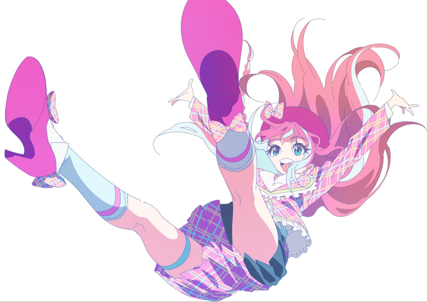 1girl, :d, anchiki_shou, arms_up, bad_id, bad_twitter_id, beret, blue_eyes