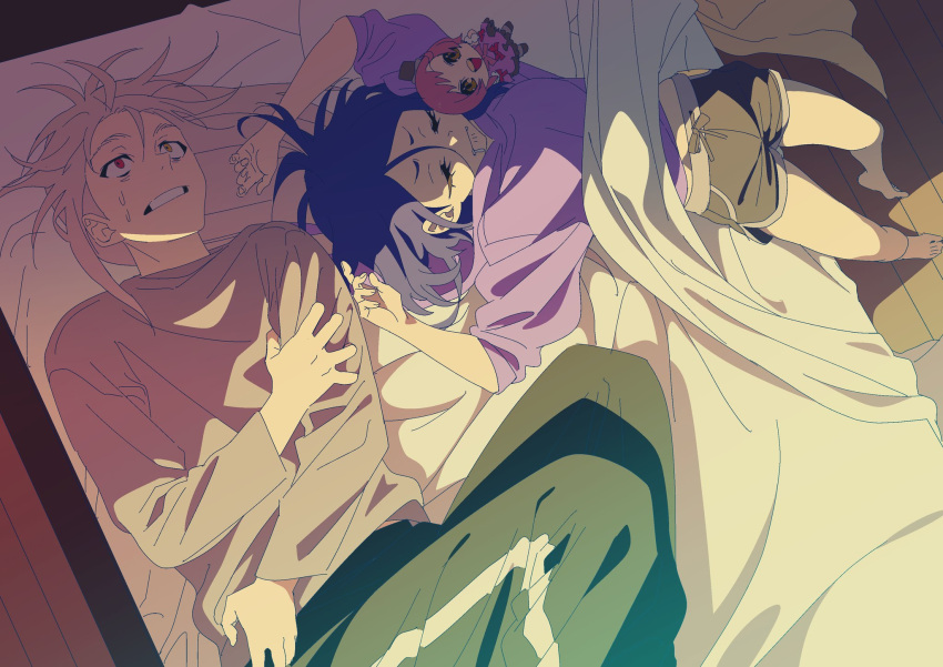1boy, 1girl, anchiki_shou, archived_source, arms_up, bad_id, bad_twitter_id, barefoot