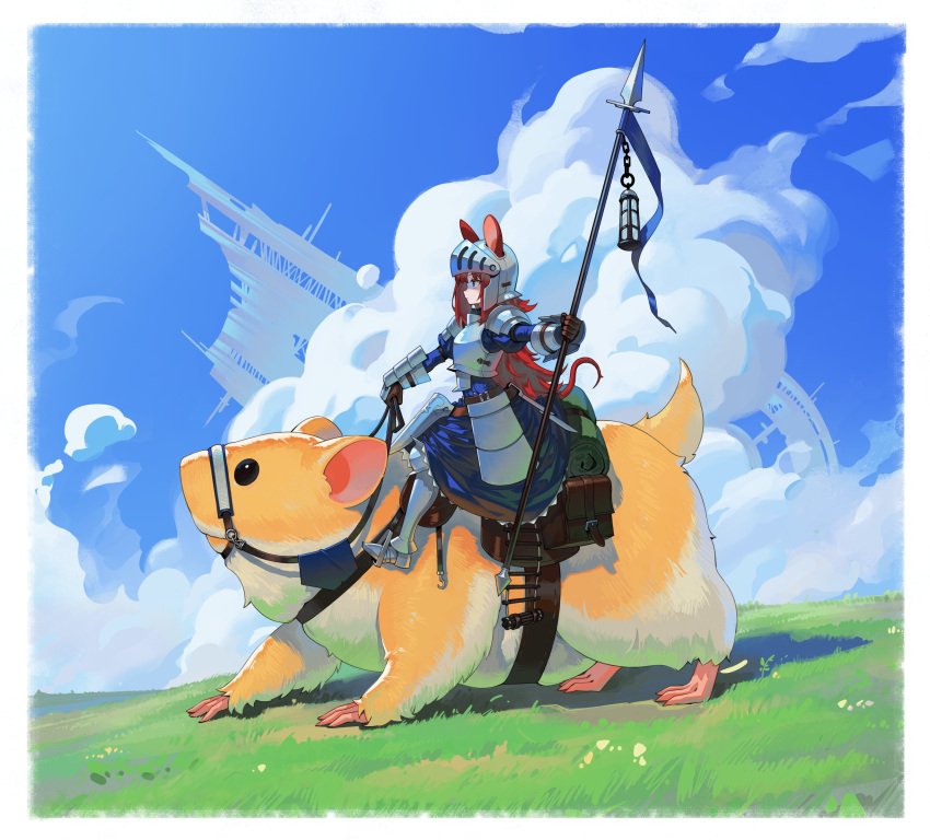 absurdres, aircraft, airship, animal, animal_ears, armor, bedroll, blue_sky