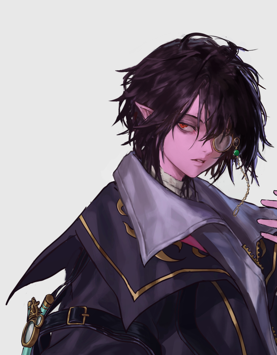 1boy, arm_belt, bandaged_neck, bandages, black_hair, coat, colored_skin, dimension_walker_(dungeon_and_fighter)
