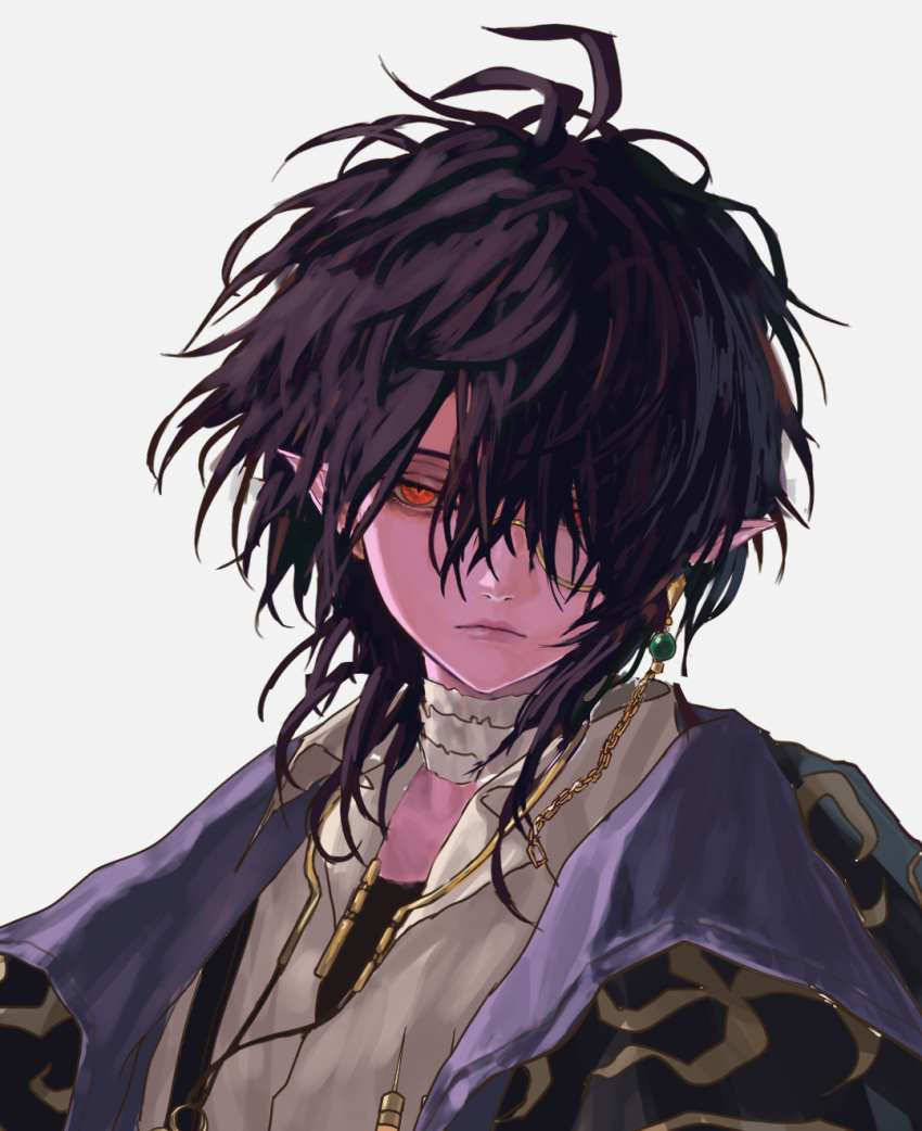 1boy, bandaged_neck, bandages, black_coat, black_hair, black_shirt, closed_mouth, coat, collared_shirt, dimension_walker_(dungeon_and_fighter), dungeon_and_fighter, expressionless, geebee_79, hair_over_one_eye, highres, looking_at_viewer, male_focus, male_mage_(dungeon_and_fighter), medium_hair, messy_hair, monocle, monocle_chain, pointy_ears, portrait, red_eyes, shirt, simple_background, solo, white_shirt, wolf_cut