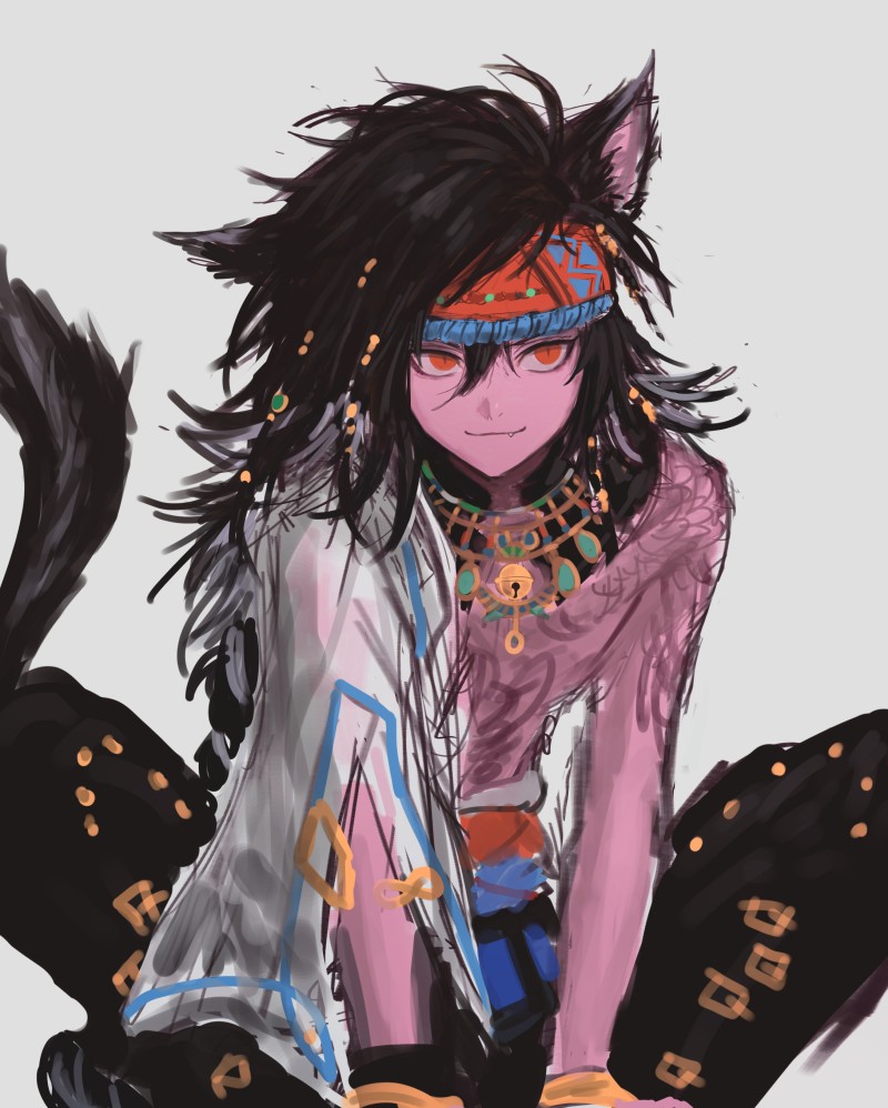 1boy, animal_ears, arm_tattoo, black_hair, black_pants, cat_ears, cat_tail, chest_tattoo