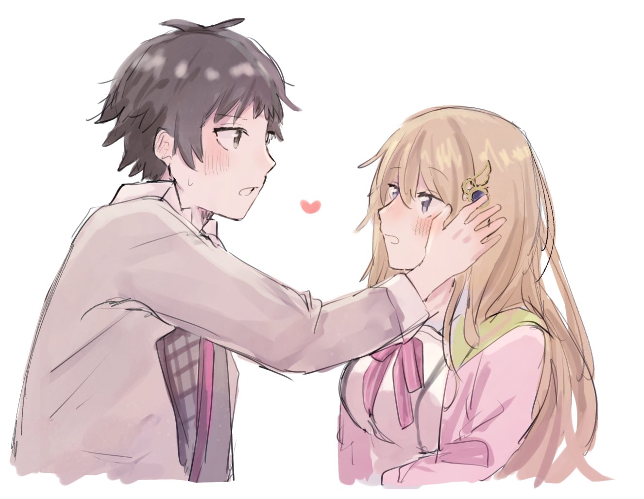 1boy, 1girl, 9-nine-, black_hair, blue_eyes, blush, cardigan, commentary_request