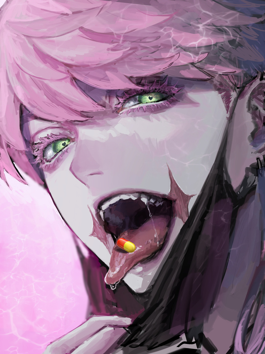 1boy, black_mask, close-up, ear_piercing, eyelashes, from_side, green_eyes, heart