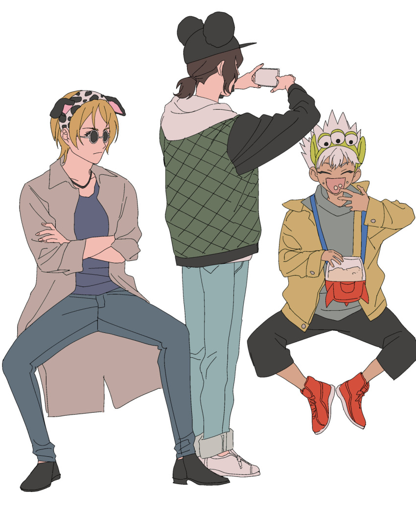 3boys, anchiki_shou, baseball_cap, black_hat, black_jacket, black_pants, blonde_hair, blue_pants