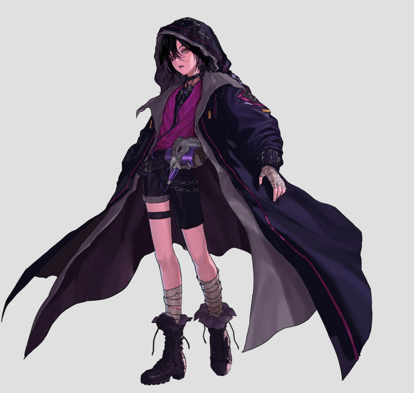 1boy, bandaged_hand, bandaged_leg, bandages, black_choker, black_coat, black_footwear, black_hair