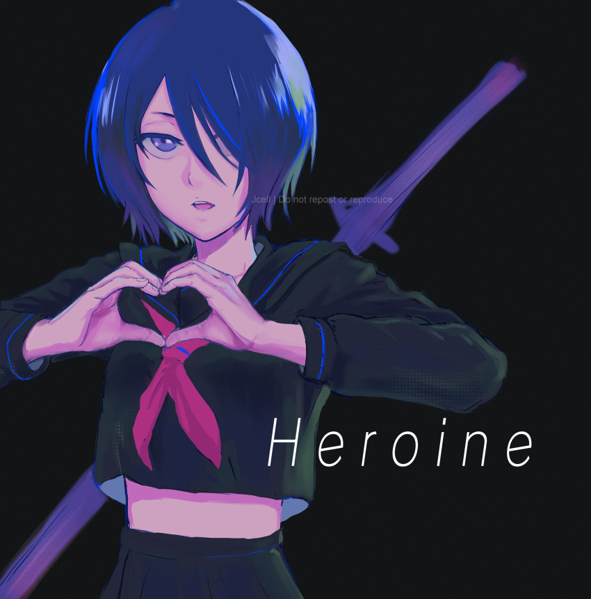 1girl, black_hair, bleach, hair_over_one_eye, heart, heart_hands, highres, jcell, katana, kuchiki_rukia, looking_at_viewer, school_uniform, serafuku, short_hair, sword, violet_eyes, weapon