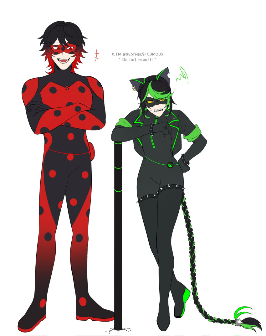 1boy, 1girl, adrien_agreste, angry, animal_ears, black_bodysuit, black_hair, bodysuit