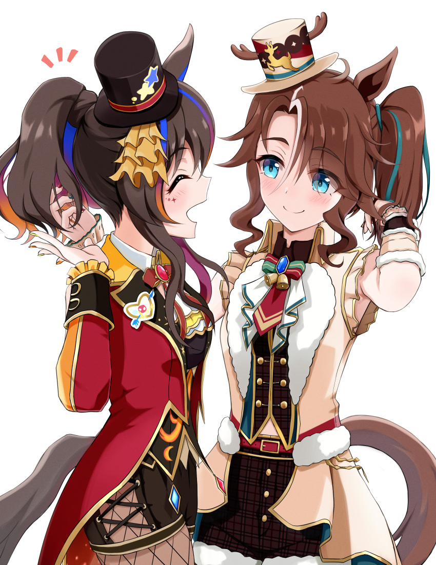2girls, :d, ^_^, absurdres, animal_ears, arms_behind_back, black_hat, black_shirt, black_shorts, black_vest, blue_eyes, blue_hair, blush, breasts, brown_hair, brown_hat, brown_jacket, brown_pantyhose, chokin_tsucho, closed_eyes, closed_mouth, collared_shirt, commentary_request, daitaku_helios_(joyful_jamboree!)_(umamusume), daitaku_helios_(umamusume), eyes_visible_through_hair, facing_another, fishnet_pantyhose, fishnets, fur-trimmed_shorts, fur_trim, hair_over_one_eye, hands_up, hat, highres, horse_ears, horse_girl, horse_tail, jacket, long_sleeves, looking_at_another, medium_breasts, mejiro_palmer_(umamusume), mejiro_palmer_(warm-hearted_reindeer)_(umamusume), mini_hat, multicolored_hair, multiple_girls, nail_art, nail_polish, notice_lines, open_clothes, open_jacket, orange_hair, pantyhose, plaid, plaid_shorts, print_headwear, profile, shirt, shorts, side_ponytail, simple_background, sleeveless, sleeveless_jacket, smile, star_(symbol), star_print, streaked_hair, tail, tilted_headwear, umamusume, vest, white_background, white_hair, white_shirt