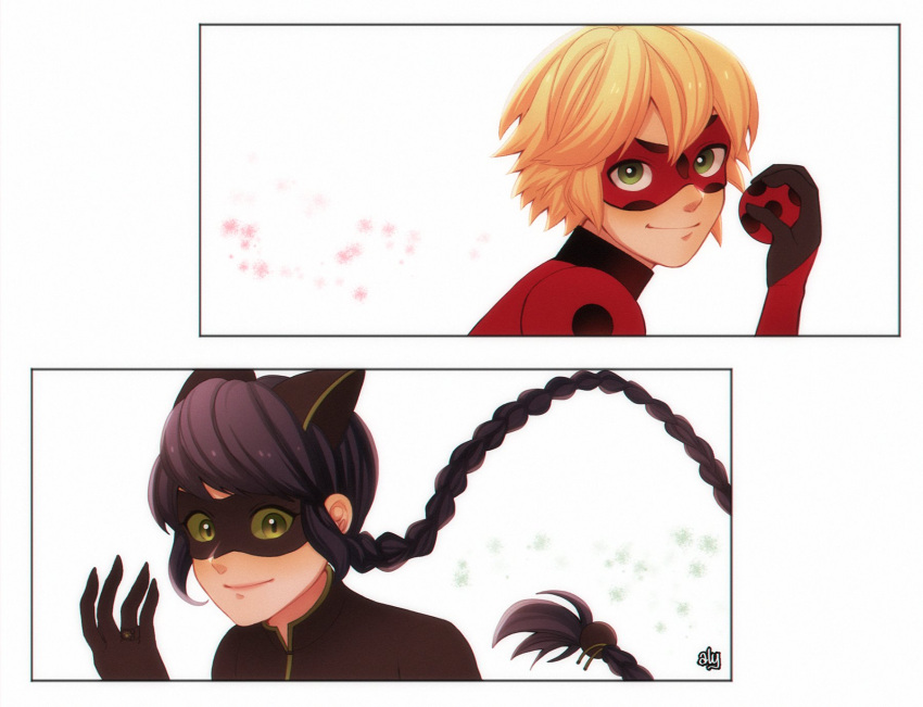 1boy, 1girl, adrien_agreste, animal_ears, black_bodysuit, black_hair, black_mask, blonde_hair