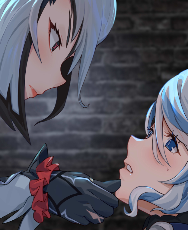 2girls, arlecchino_(genshin_impact), black_eyes, black_hair, blue_eyes, blue_hair, chinese_commentary, closed_mouth