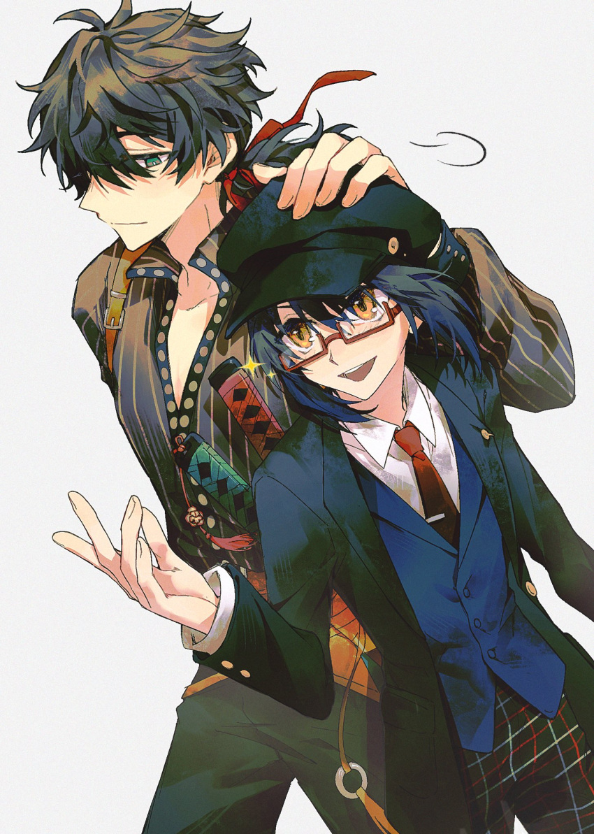 1boy, 1other, androgynous, belt, belt_buckle, black_hair, black_jacket, blue_vest, brown_belt, buckle, cabbie_hat, collared_shirt, collared_vest, fate/grand_order, fate/samurai_remnant, fate_(series), glasses, hair_over_one_eye, hair_ribbon, hand_on_another's_head, hat, highres, jacket, katana, long_sleeves, low_ponytail, miyamoto_iori_(fate), necktie, official_alternate_costume, official_alternate_hairstyle, pants, partially_unbuttoned, pinstripe_pattern, pinstripe_shirt, plaid, plaid_pants, red-framed_eyewear, red_necktie, red_ribbon, ribbon, semi-rimless_eyewear, sheath, sheathed, shirt, shokuhan_shio, simple_background, sparkle, striped_clothes, striped_shirt, suit_jacket, sword, tie_clip, vertical-striped_clothes, vertical-striped_shirt, vest, weapon, white_shirt, yamato_takeru_(fate), yamato_takeru_(second_ascension)_(fate), yellow_eyes
