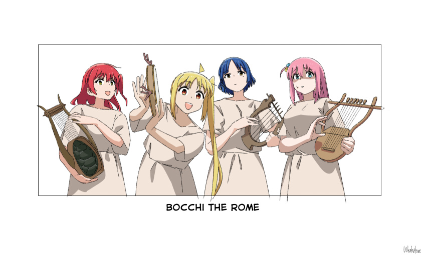 4girls, alternate_costume, aqua_eyes, artist_name, blonde_hair, blue_hair, bocchi_the_rock!, closed_mouth